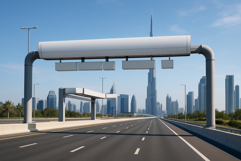 Modern Dubai highway with electronic toll gates and city skyline Modern Dubai highway with electronic toll gates and city skyline
